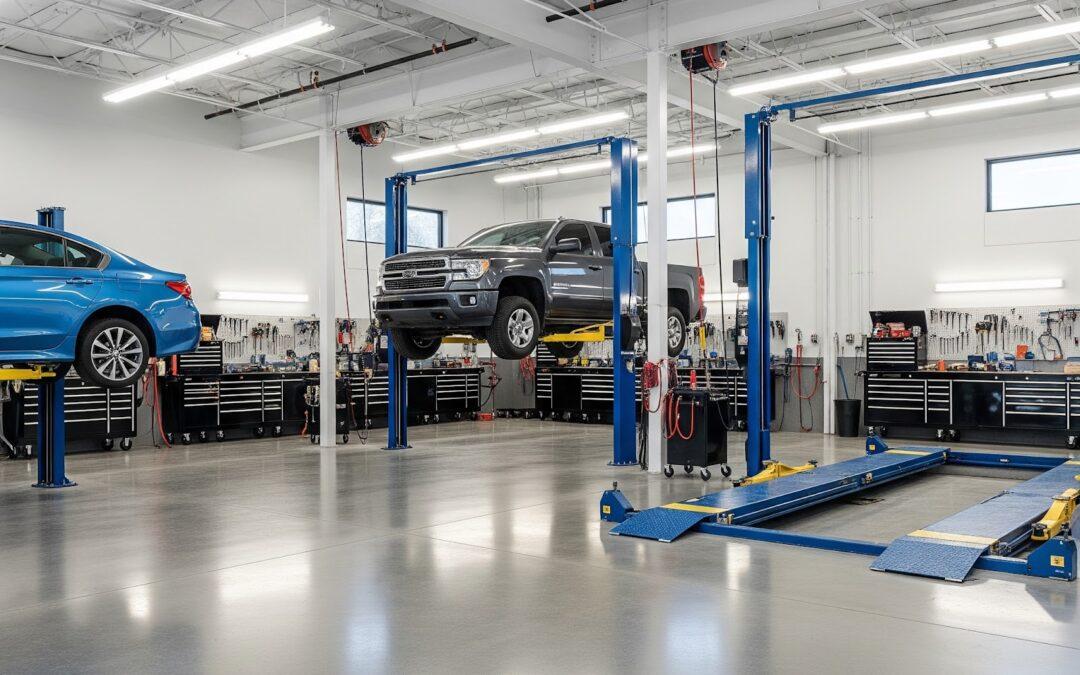 Oficina mecânica ampla e organizada com elevadores automotivos de duas colunas, veículos suspensos e ferramentas ao fundo, representando soluções profissionais da Suporte Distribuidora.