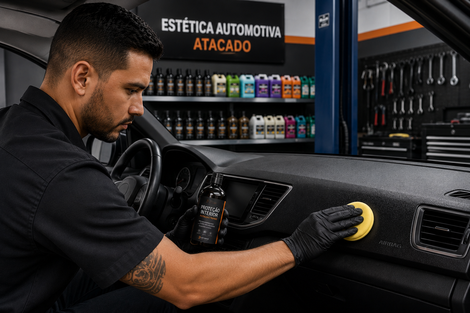 Mecânico aplicando produto de estética automotiva em painel de carro dentro de oficina, ilustrando a aplicação de produtos comprados no atacado.