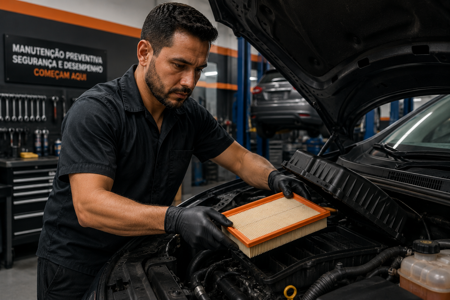 Mecânico trocando filtro de ar do motor em oficina automotiva, ilustrando a manutenção preventiva realizada com filtros de qualidade.
